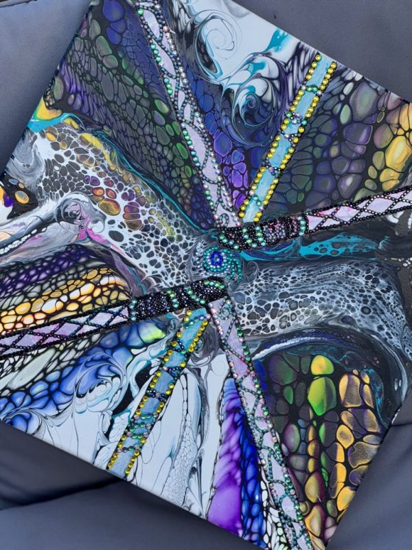 Jasmine: Rhinestone Embellished Abstract Wall Art  – 16x16 – Acrylic Pour Handmade Painting - Image 2