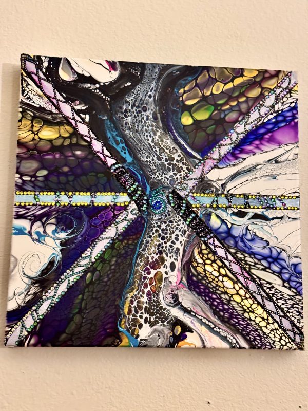 Jasmine: Rhinestone Embellished Abstract Wall Art  – 16x16 – Acrylic Pour Handmade Painting