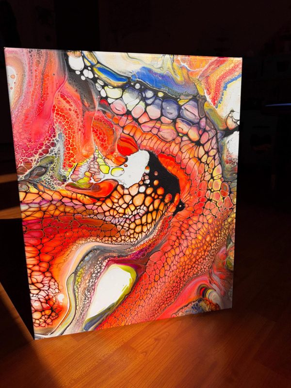 Tentacles | Neon Fluid Art | Red & Orange Acrylic Pour | 16x20 Abstract Wall Decor | Glow Under Blacklight |  Mystical and Alluring Vibes